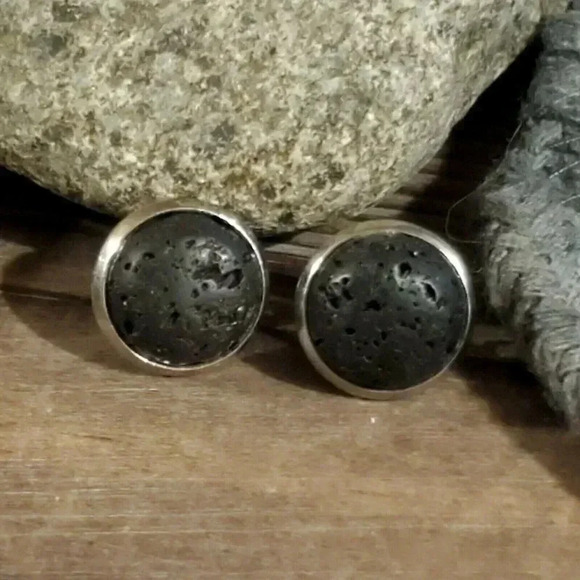 Black Volcanic Lava Domed Aromatherapy Cabochon Silver Plated Stud Earrings - Picture 1 of 8